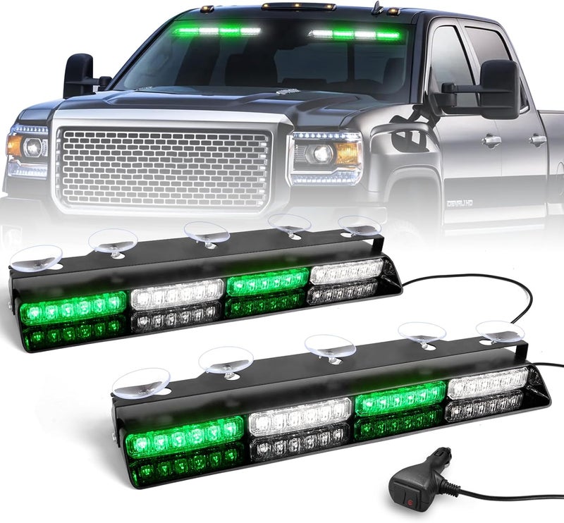 HLauto 6Z4J Emergency Dash Strobe Lights: 2x16.8 inch Green White Safety Lights, 48 LED Flashing Warning Hazard Interior Windshield Visor Traffic Light Bar for Trucks, Construction Vehicles - Image 1